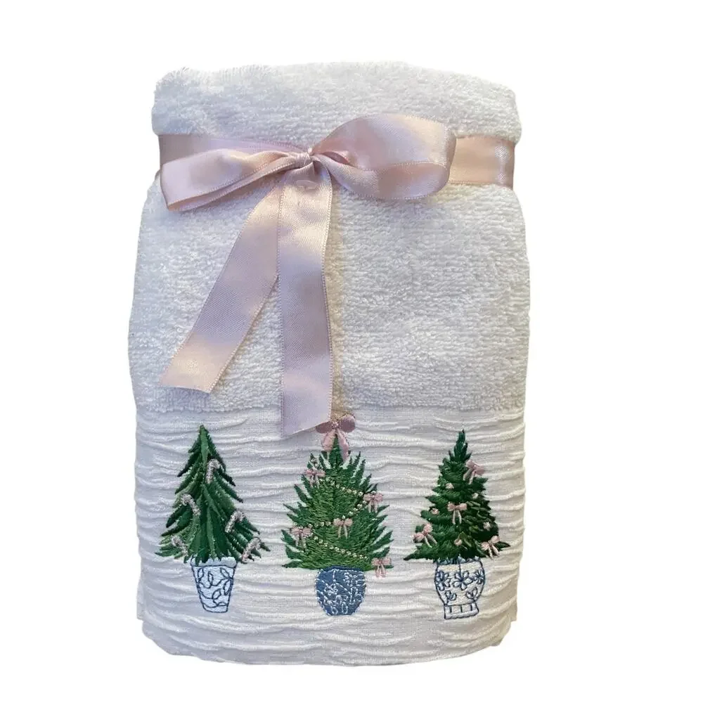 Christmas Hand Towels 2pc Embroidered Chinoiserie Christmas Trees Cotton NEW